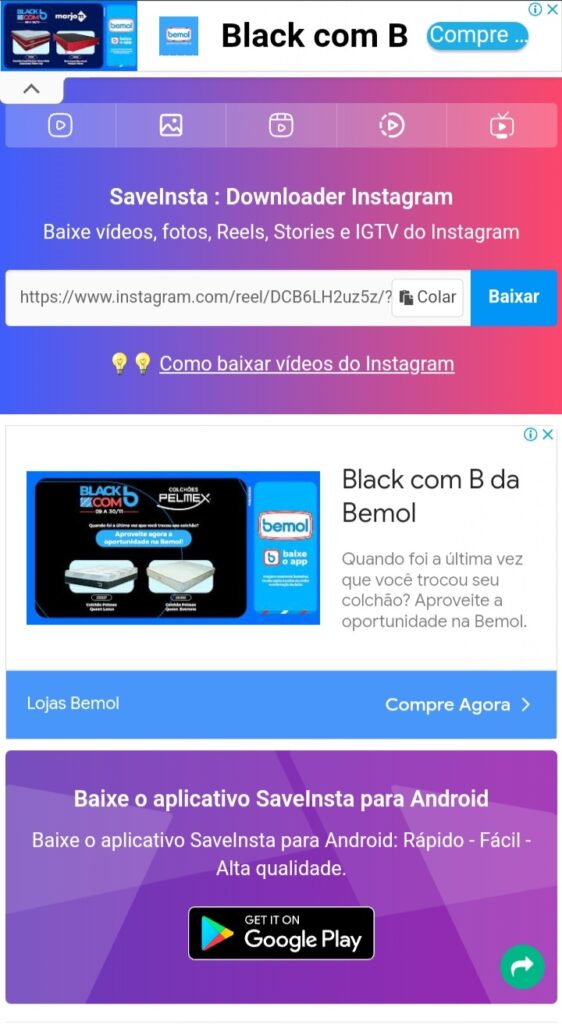 colocando link para baixar storys do instagram