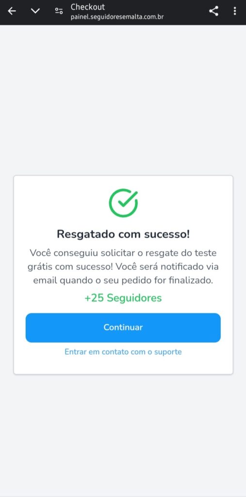 mensagem de sucesso de resgate de seguidores no aplicativo para Ganhar Seguidores no Instagram