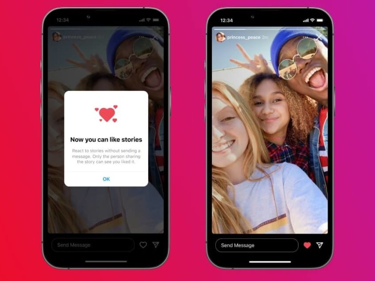 Por Que Baixar Stories do Instagram Pode Ser Fundamental? 1 Duas telas de smartphone exibem uma história do Instagram com duas pessoas. Na tela à esquerda, um pop-up notifica "Now you can like stories" (Agora você pode curtir histórias), com ícones de corações. A imagem foca na funcionalidade de curtidas em stories, e não em como baixar stories do Instagram.