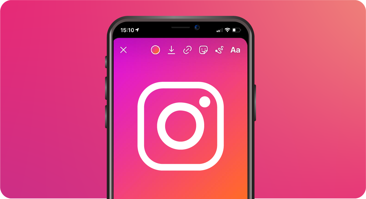 Por Que Baixar Stories do Instagram Pode Ser Fundamental? 6 Uma tela de smartphone exibindo o aplicativo do Instagram, com o ícone branco do Instagram centralizado. Na parte superior da tela, uma barra de ferramentas mostra vários ícones, incluindo um ícone de seta para baixo, que simboliza a funcionalidade de baixar stories do Instagram. O fundo é um gradiente vibrante de rosa para laranja.