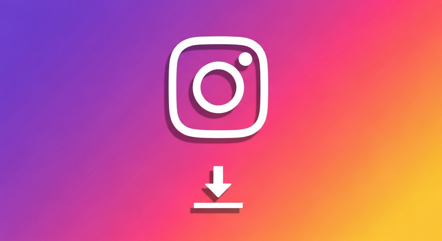 Por Que Baixar Stories do Instagram Pode Ser Fundamental? 2 Um ícone branco do Instagram com uma seta branca apontando para baixo, indicando um download, sobre um fundo gradiente que transita do roxo ao rosa e laranja. Esta imagem representa visualmente a ação de baixar stories do Instagram.