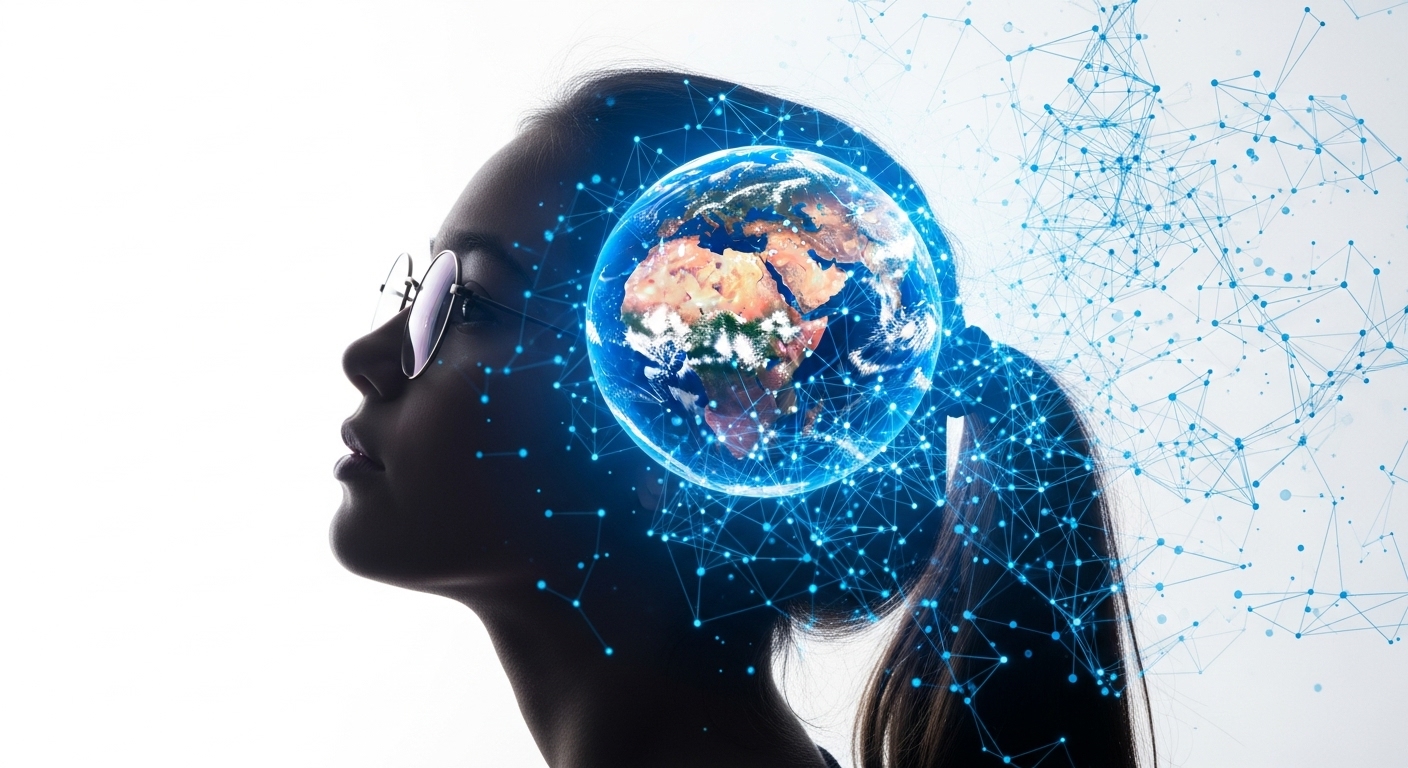 Legendas para Fotos: Frases Criativas e Inspiradoras para Instagram 2025 4 Uma silhueta de perfil de uma pessoa com óculos, com um globo terrestre brilhante e azul dentro de sua cabeça. Redes de conexões digitais e pontos de luz irradiam do globo para fora da cabeça da pessoa, sugerindo inteligência global, pensamento conectado ou o impacto da tecnologia na mente. É uma imagem impactante para Legendas para Fotos sobre conhecimento, interconexão mundial ou ideias inovadoras.