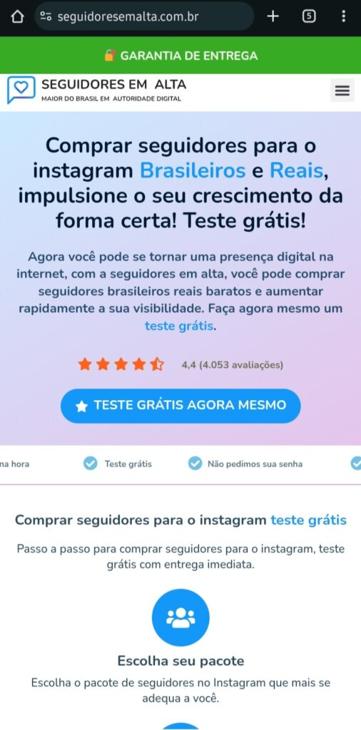 Aplicativo para Ganhar Seguidores no Instagram: A Melhor Escolha com Seguidores em Alta 6 Uma captura de tela de um site de serviços para comprar seguidores no Instagram, com o título "Comprar seguidores para o Instagram Brasileiros e Reais". A página oferece um "Teste grátis" e exibe uma avaliação de 4.4 estrelas. Esta imagem representa uma plataforma ou um aplicativo para ganhar seguidores.
