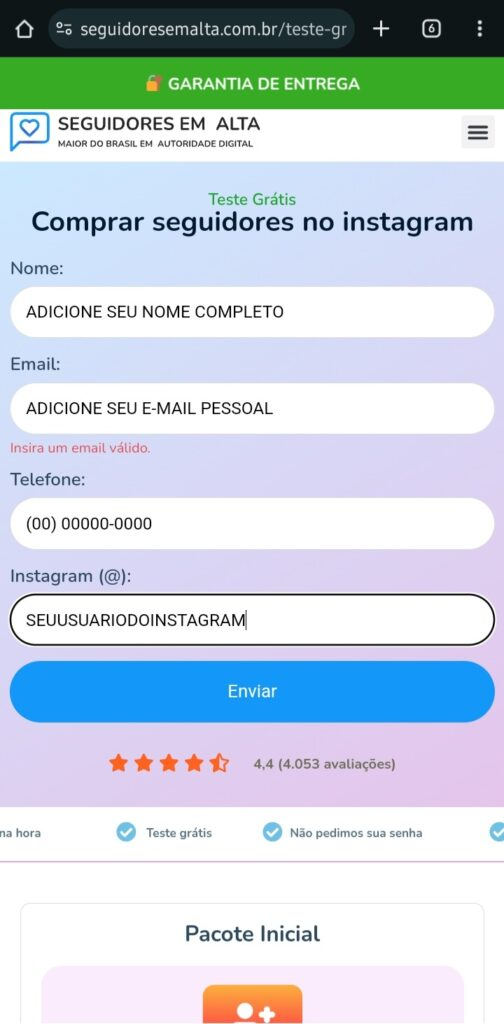 Aplicativo para Ganhar Seguidores no Instagram: A Melhor Escolha com Seguidores em Alta 7 Uma captura de tela de um formulário online para um "Teste Grátis" de compra de seguidores no Instagram, solicitando nome, e-mail, telefone e usuário do Instagram. A página exibe uma avaliação de 4.4 estrelas e é parte de um serviço ou aplicativo para ganhar seguidores.