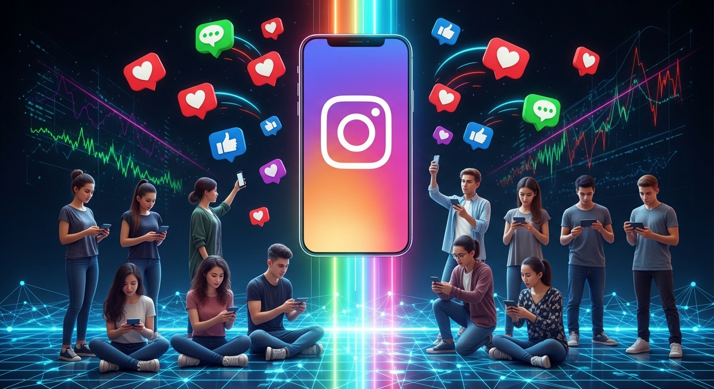 Aplicativo para Ganhar Seguidores no Instagram: A Melhor Escolha com Seguidores em Alta 2 Uma representação vibrante da interação nas mídias sociais, com jovens engajados em seus smartphones cercados por ícones de likes e comentários, todos focados em um grande celular com o logo do Instagram. Ao fundo, gráficos de crescimento em cores neon sugerem a busca por popularidade online e a relevância de um aplicativo para ganhar seguidores.