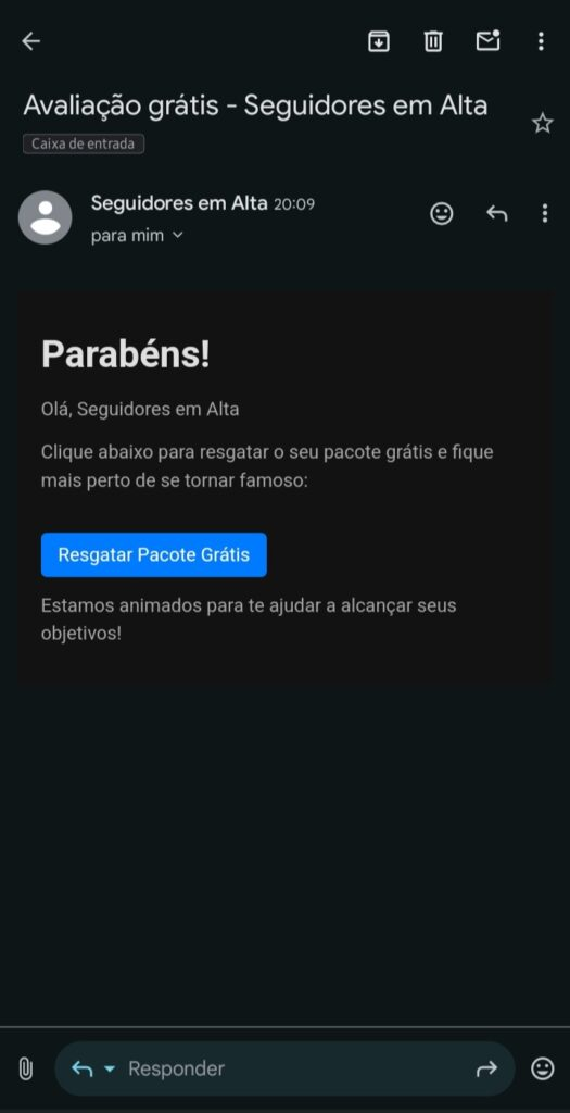 Aplicativo para Ganhar Seguidores no Instagram: A Melhor Escolha com Seguidores em Alta 8 Uma captura de tela de um e-mail com o assunto "Avaliação grátis - Seguidores em Alta", parabenizando o usuário e convidando-o a resgatar um "pacote grátis" de seguidores. O e-mail é uma etapa no processo de uso de um aplicativo para ganhar seguidores.