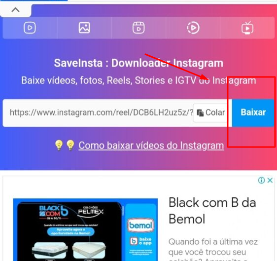Por Que Baixar Stories do Instagram Pode Ser Fundamental? 4 Uma captura de tela de um site ou aplicativo "SaveInsta: Downloader Instagram", mostrando um campo onde uma URL do Instagram foi inserida e um botão azul "Baixar" (Download) destacado por um retângulo vermelho e uma seta. A página promete baixar stories do Instagram, além de vídeos, fotos, Reels e IGTV.
