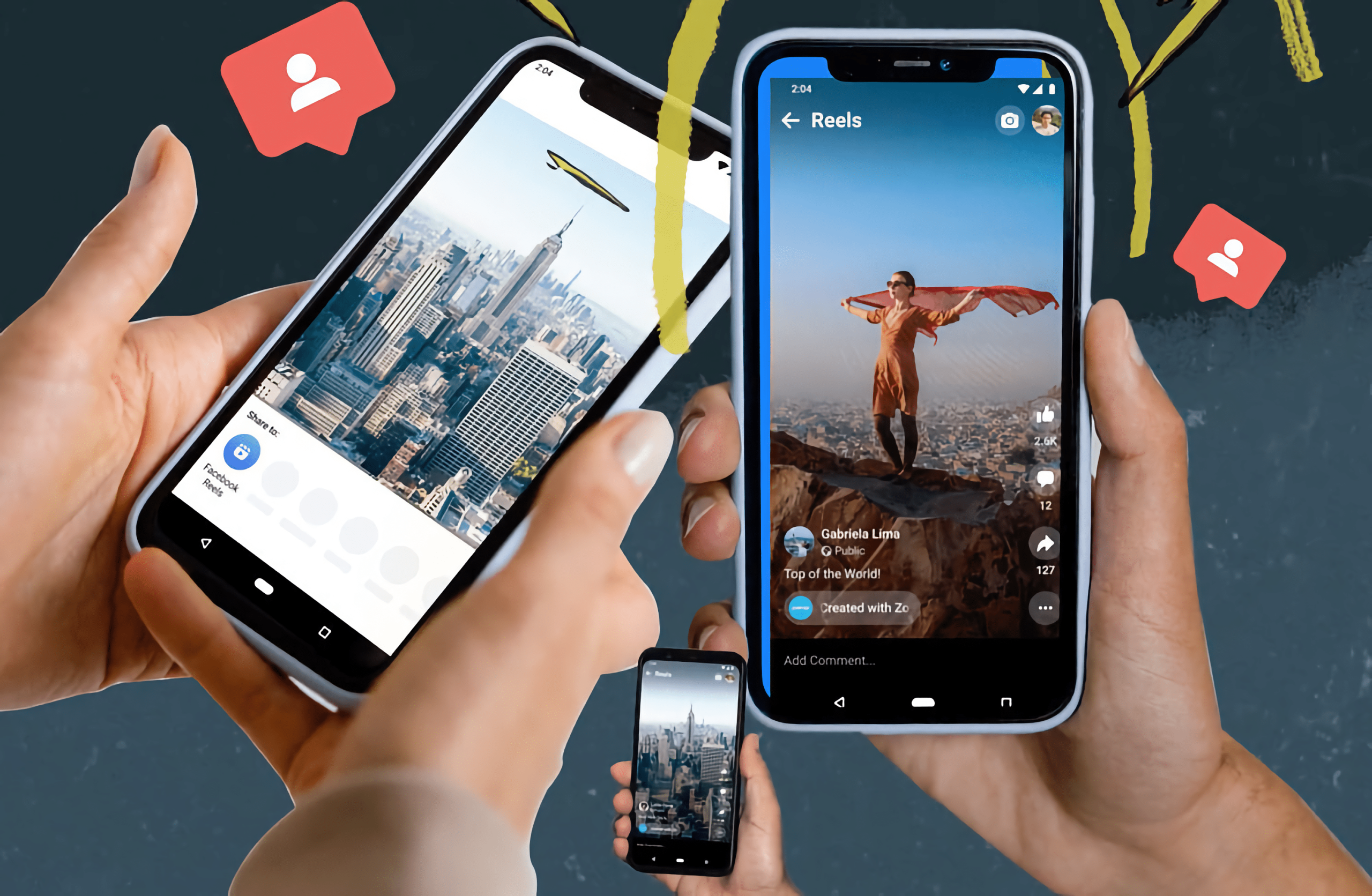 A imagem apresenta a versatilidade do formato Reels, com diferentes tipos de conteúdo sendo visualizados em iphones. Isso sugere que explorar a diversidade de temas e aplicar '3 truques para Reels ter mais alcance' pode ser crucial para captar e reter a atenção do público, aumentando a visibilidade.