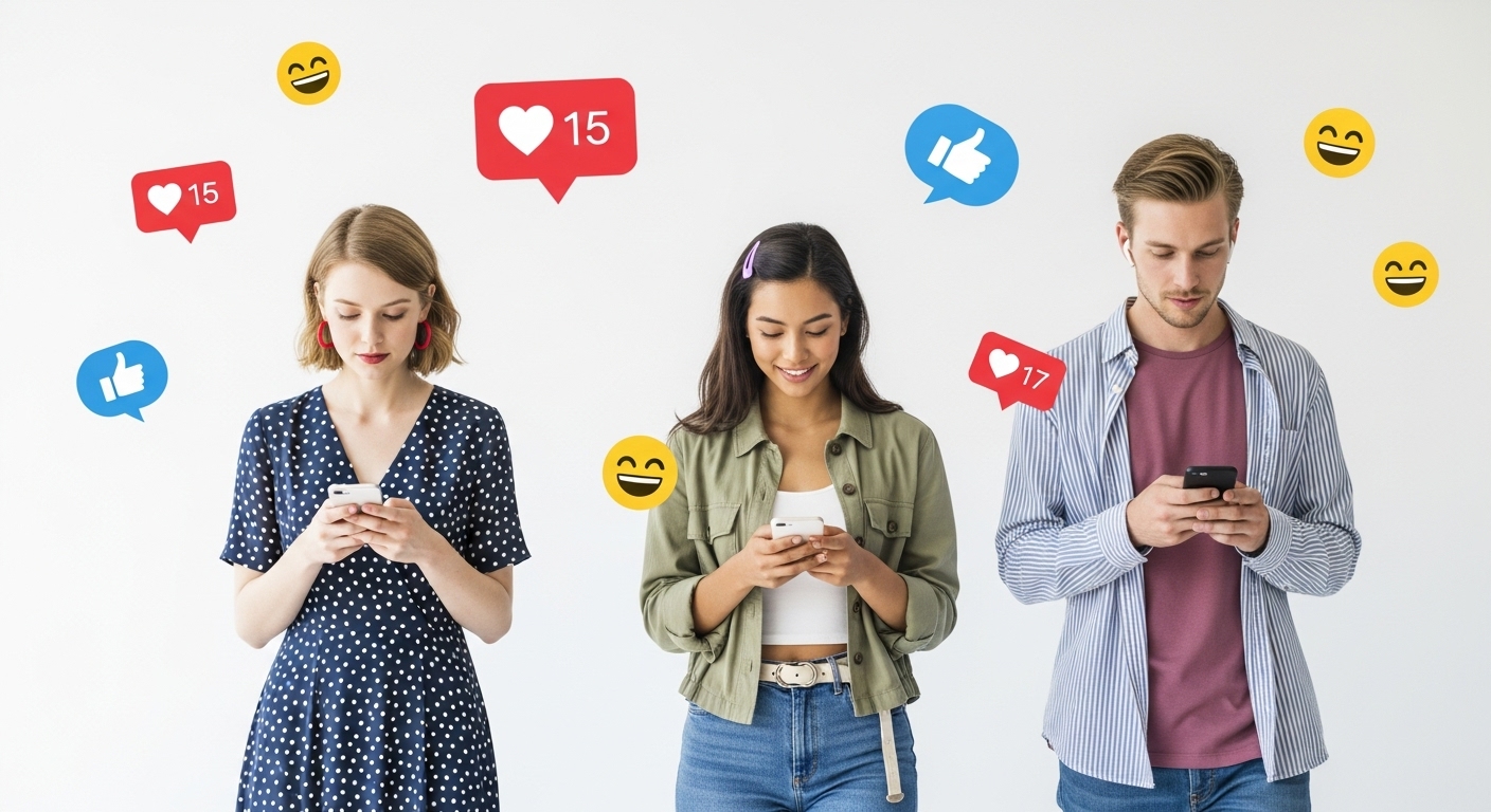 Três jovens usando o celular enquanto caminham, com ícones de curtidas, seguidores e reações flutuando ao redor, representando o impacto das redes sociais e a popularidade adquirida ao comprar seguidores.