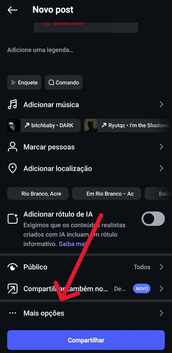 Tela de criação de novo post no Instagram com seta indicando o menu “Mais opções”, onde é possível configurar funções como apagar comentários e controlar interações.