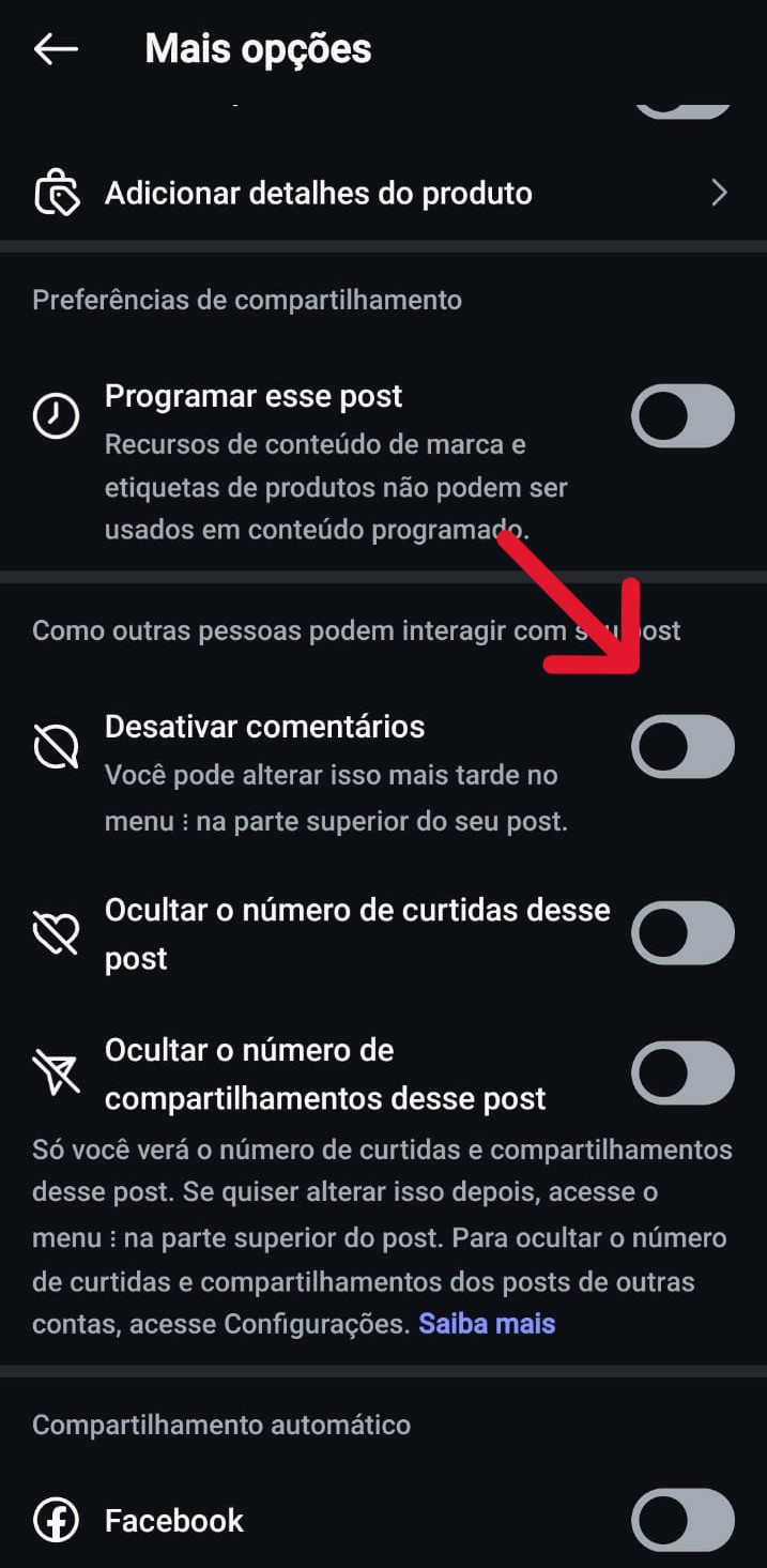 Tela de configurações do Instagram mostrando a opção de desativar comentários, recurso útil para quem deseja evitar interações negativas ou apagar comentários indesejados.