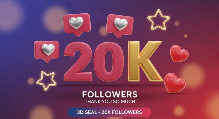 A imagem de uma celebração de 20 mil seguidores, com elementos de engajamento, ressalta o desejo de expandir a audiência. Isso sugere que o conteúdo aborda 'como fazer seus Stories alcançarem mais de 20 mil pessoas' e o impacto de ter um grande número de visualizações, transformando a presença online.