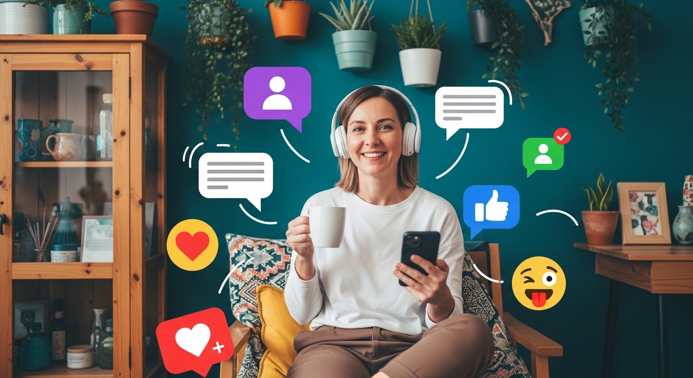 A imagem de uma pessoa envolvida com conteúdo digital, recebendo diversas interações, ressalta a necessidade de criar valor para a audiência. Isso pode ser usado para discutir 'O que NÃO FUNCIONA MAIS no marketing digital' que não entrega valor e, portanto, não gera engajamento sustentável.