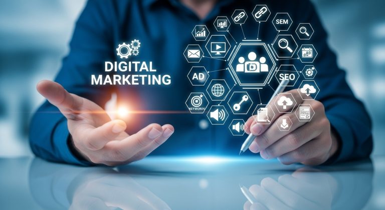A imagem de um profissional imerso em ferramentas e conceitos de marketing digital, mostrando o que não funciona mais no marketing digital
