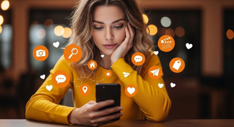 mulher jovem olhando pro iphone com icones flutuando mostrando como crescer do zero no instagram