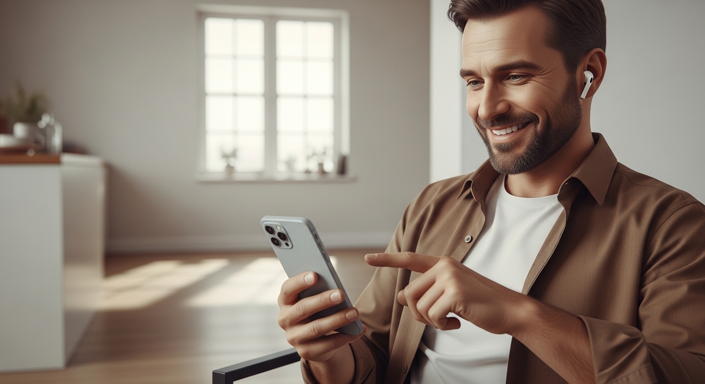 A imagem de um usuário contente com seu iphone destaca a experiência do consumo de conteúdo. Isso pode ser usado para ressaltar que aplicar '3 truques para Reels ter mais alcance' melhora essa experiência e a visibilidade do criador.
