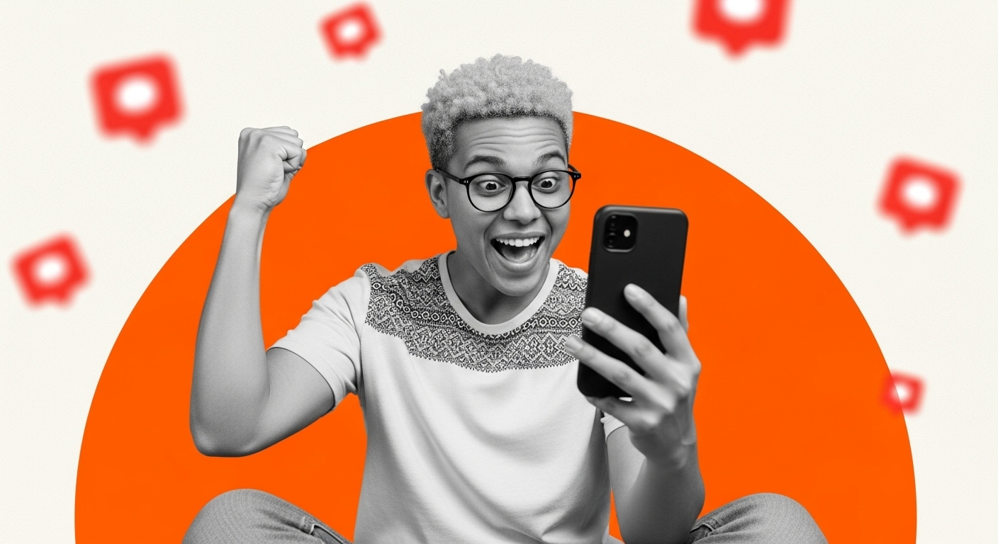 Como Crescer do Zero no Instagram: O Guia Completo para Iniciantes 2 jovem empolgado com o que vê em seu iphone, rodeado por sinais de interação vendo como crescer do zero no instagram