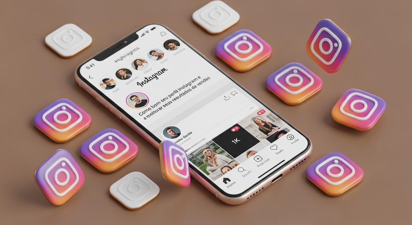 Como Crescer do Zero no Instagram: O Guia Completo para Iniciantes 1 A imagem de um perfil do Instagram sendo visualizado em um iphone, com ícones da plataforma ao redor, mostrando como crescer do zero no instagram