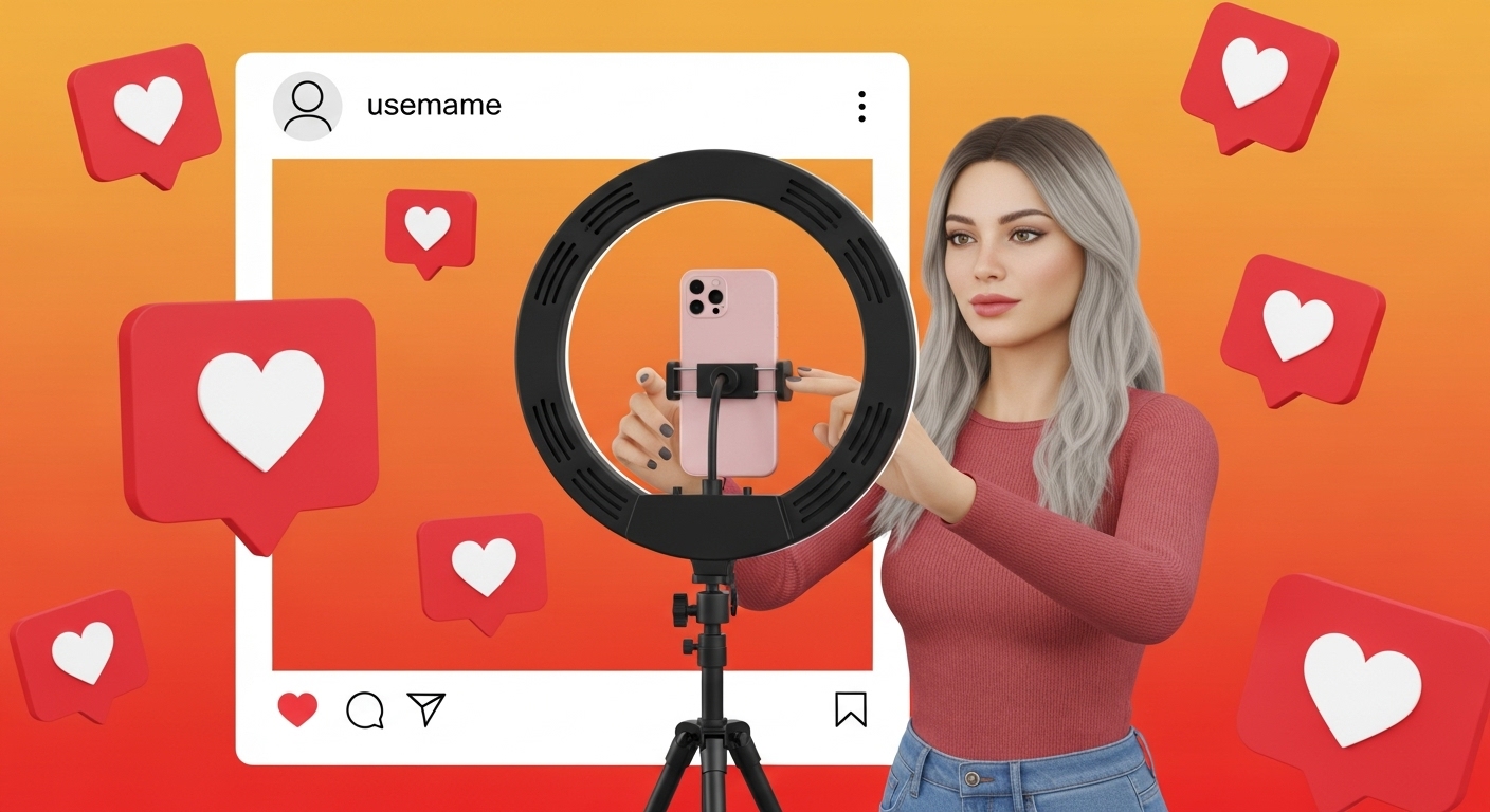 Como Fazer Sorteio no Instagram: Guia Completo para Aumentar Engajamento 3 A imagem de uma pessoa preparando-se para gravar com um iphone e ring light, com elementos de engajamento do Instagram, destaca a importância da produção de conteúdo otimizado. Isso sugere que a qualidade visual e a estratégia de postagem são cruciais para que uma 'Nova estratégia: Sorteio no Instagram' alcance o máximo de participantes e o engajamento desejado.
