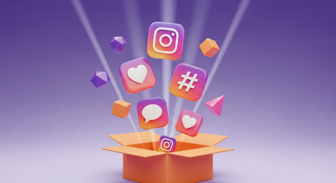 Como Fazer Sorteio no Instagram: Guia Completo para Aumentar Engajamento 2 A imagem de uma caixa se abrindo para liberar elementos do Instagram e suas interações, sugere a revelação de um segredo ou método. Isso pode ser usado para destacar uma 'Nova estratégia: Sorteio no Instagram' como um método eficaz para impulsionar a presença e o engajamento na plataforma.