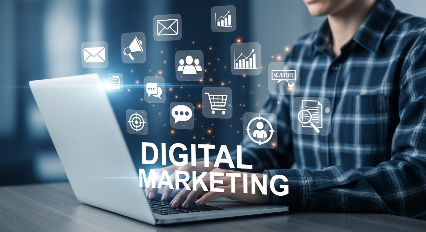 A imagem de um profissional engajado com ferramentas de marketing digital, com ícones diversos ao redor, sugere a necessidade de reinvenção. Isso pode ser usado para explorar 'O que NÃO FUNCIONA MAIS no marketing digital' e apresentar novas tendências e abordagens.