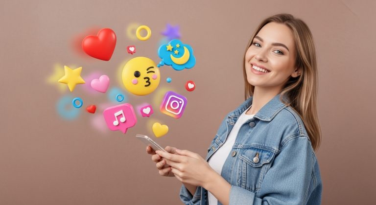 A imagem de uma jovem engajada com o celular e rodeada por ícones que representam diferentes aspectos da vida digital e social, destaca a importância da identidade online. Isso sugere que o conteúdo aborda 'como fazer uma bio no Instagram' que seja impactante, fornecendo as ferramentas para que os usuários expressem quem são ou o que representam de forma concisa e atraente.