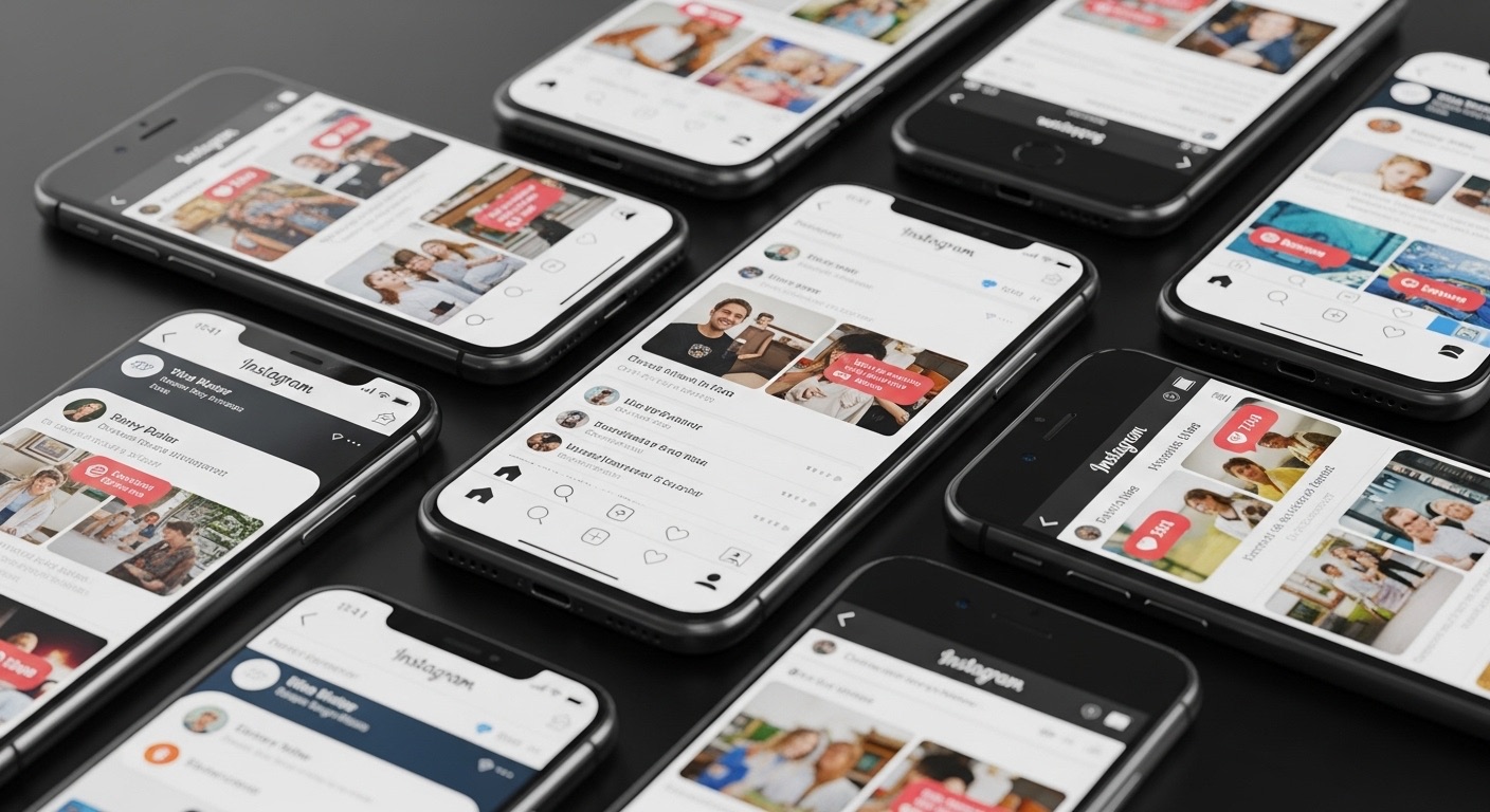 Melhores Horários para Postar Reels no Instagram: Maximize Seu Alcance e Engajamento 1 A imagem de múltiplos iphones exibindo o Instagram, com notificações de engajamento de Horários para Postar Reels no Instagram