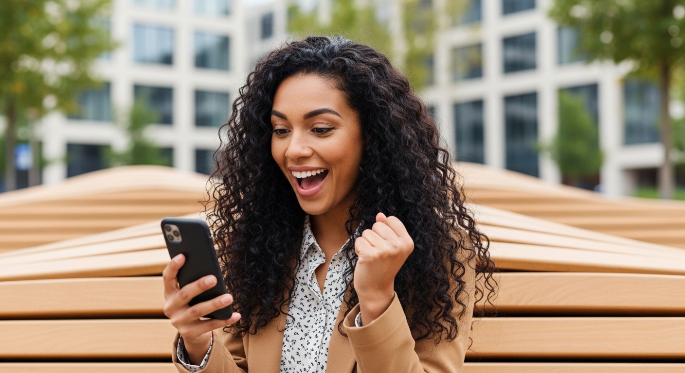 Uma mulher jovem, de pele morena e cabelos cacheados, sentada em um banco ao ar livre, olha para seu smartphone com uma expressão de grande alegria e o punho cerrado em sinal de sucesso. Ao fundo, um prédio moderno e árvores sugerem um ambiente urbano. A imagem representa a satisfação e o entusiasmo que alguém pode sentir ao ver o resultado de comprar seguidores para aumentar sua presença online.