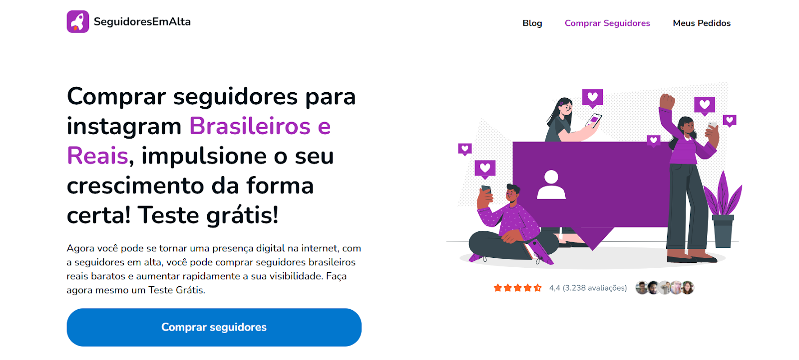 Página promocional de serviço para comprar seguidores no Instagram, com destaque para seguidores brasileiros reais, botão de ação “Comprar seguidores” e ilustração de pessoas interagindo com smartphones e ícones de curtidas.