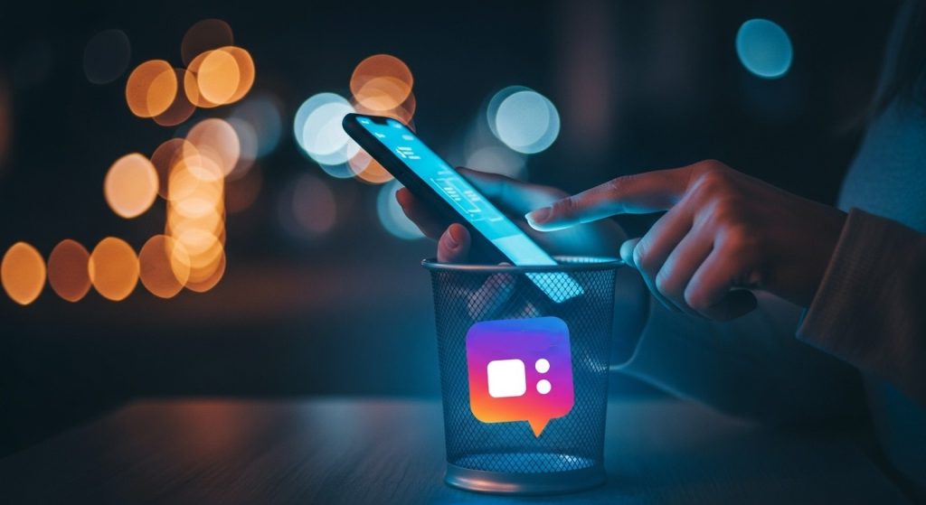 Mulher segurando um smartphone, com o polegar virtualmente sobre um ícone de balão de fala transparente, flutuando acima de uma lixeira de metal. Dentro da lixeira, há um balão de fala vibrante com um ícone de pílula. A cena, à noite, mostra luzes urbanas desfocadas ao fundo, representando a ação de apagar comentários ou mensagens indesejadas em redes sociais.