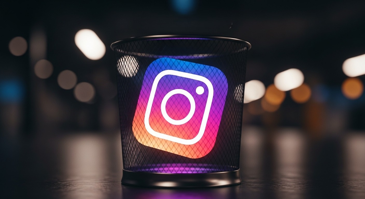 Ícone do Instagram dentro de uma lixeira, simbolizando ações como apagar comentários e excluir interações indesejadas na plataforma.
