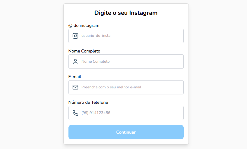 Formulário de cadastro de um serviço para comprar seguidores, com campos para preenchimento de informações como "@ do instagram" (com um exemplo de "usuario_do_insta"), "Nome Completo", "E-mail" e "Número de Telefone". O formulário é a etapa final para quem deseja contratar o serviço e comprar seguidores. Há um botão "Continuar" em azul na parte inferior.