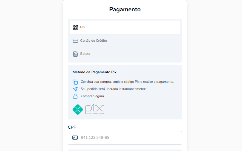 Captura de tela da página de pagamento de um serviço para comprar seguidores, apresentando as opções de "Pix", "Cartão de Crédito" e "Boleto". A seção destacada mostra o método de pagamento Pix, com as instruções para copiar o código e realizar o pagamento. A tela garante que o pedido será liberado instantaneamente e que a compra é segura. Há um campo para preenchimento do CPF.