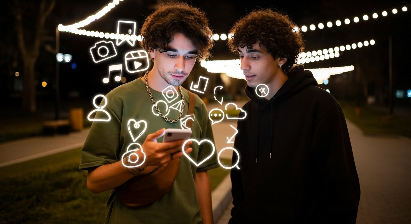 Como Ganhar Seguidores no Instagram: Estratégias Orgânicas e Dicas Infalíveis para Aumentar Seu Engajamento 1 Dois jovens, com cabelos escuros e cacheados, estão em pé em uma rua urbana à noite. Um deles, usando uma camisa verde-oliva e uma pochete, está segurando um smartphone e o mostra para o outro, que veste um moletom preto com capuz. Acima do telefone, ícones de redes sociais brancos e brilhantes, como corações, balões de fala, câmeras e notas musicais, flutuam no ar, simbolizando a ação de ganhar seguidores e interagir online. O fundo está desfocado, com luzes brilhantes de postes e cordões de luzes, criando um ambiente noturno e animado.