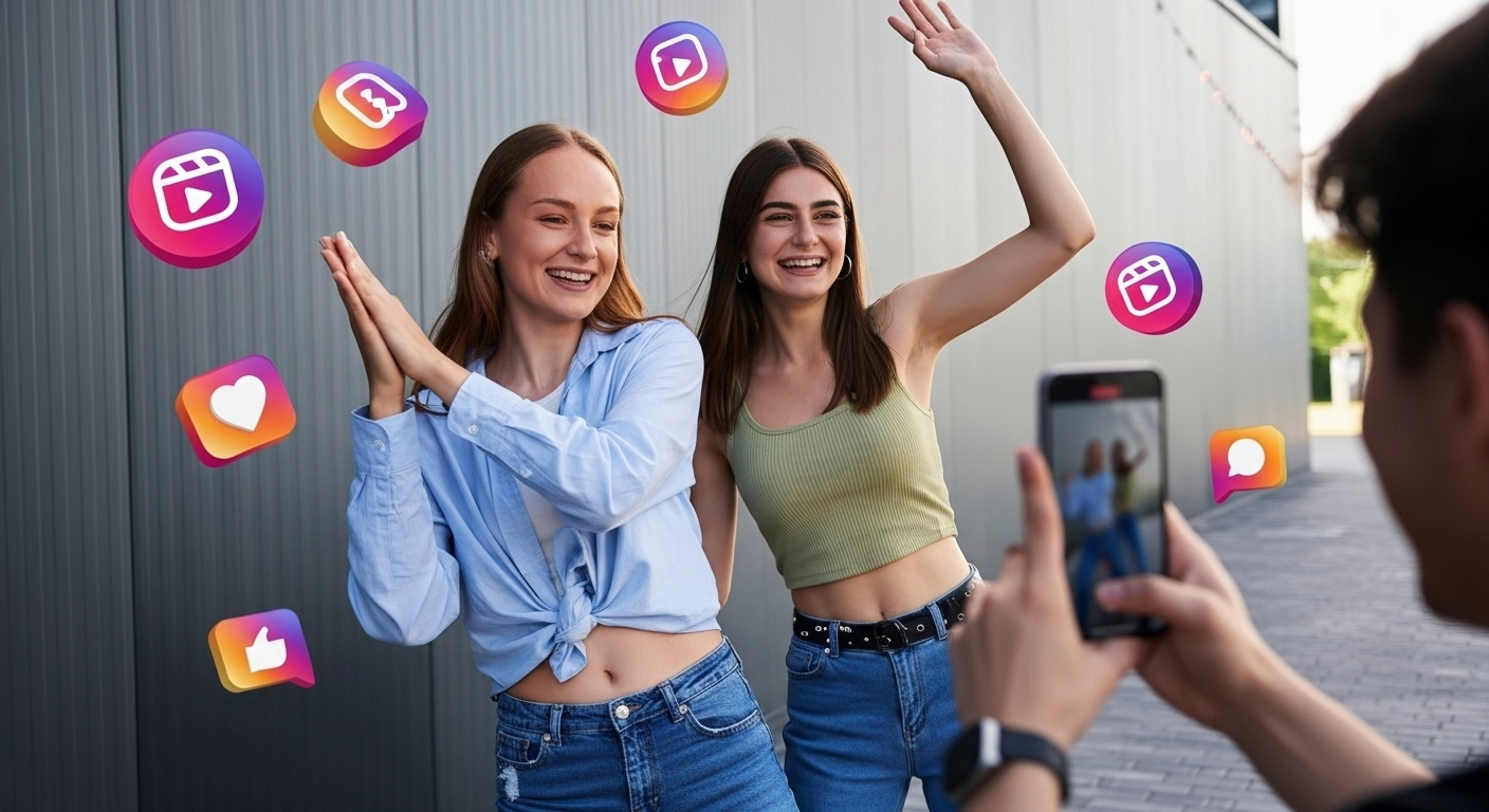 Como Ganhar Seguidores no Instagram: Estratégias Orgânicas e Dicas Infalíveis para Aumentar Seu Engajamento 2 Duas jovens, sorrindo e acenando, estão sendo filmadas por um amigo que segura um smartphone. Ícones de redes sociais 3D, como os do Instagram Reels, corações e polegares para cima, flutuam ao redor delas. A imagem mostra como a criação de conteúdo e a gravação de vídeos curtos pode ajudar a ganhar seguidores e engajar o público. Elas estão vestindo roupas casuais, em um ambiente externo com um prédio ao fundo.