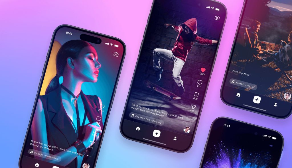 A imagem de múltiplos Reels passando em celulares com o fundo rosado, mostrando 3 truques para reels ter mais alcance