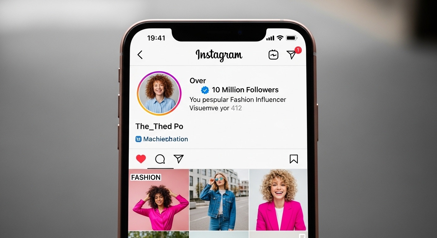 Close-up de um iphone com o aplicativo Instagram aberto, mostrando um perfil com milhões de seguidores. Ilustra o objetivo de ganhar 500 mil seguidores e a visibilidade na plataforma