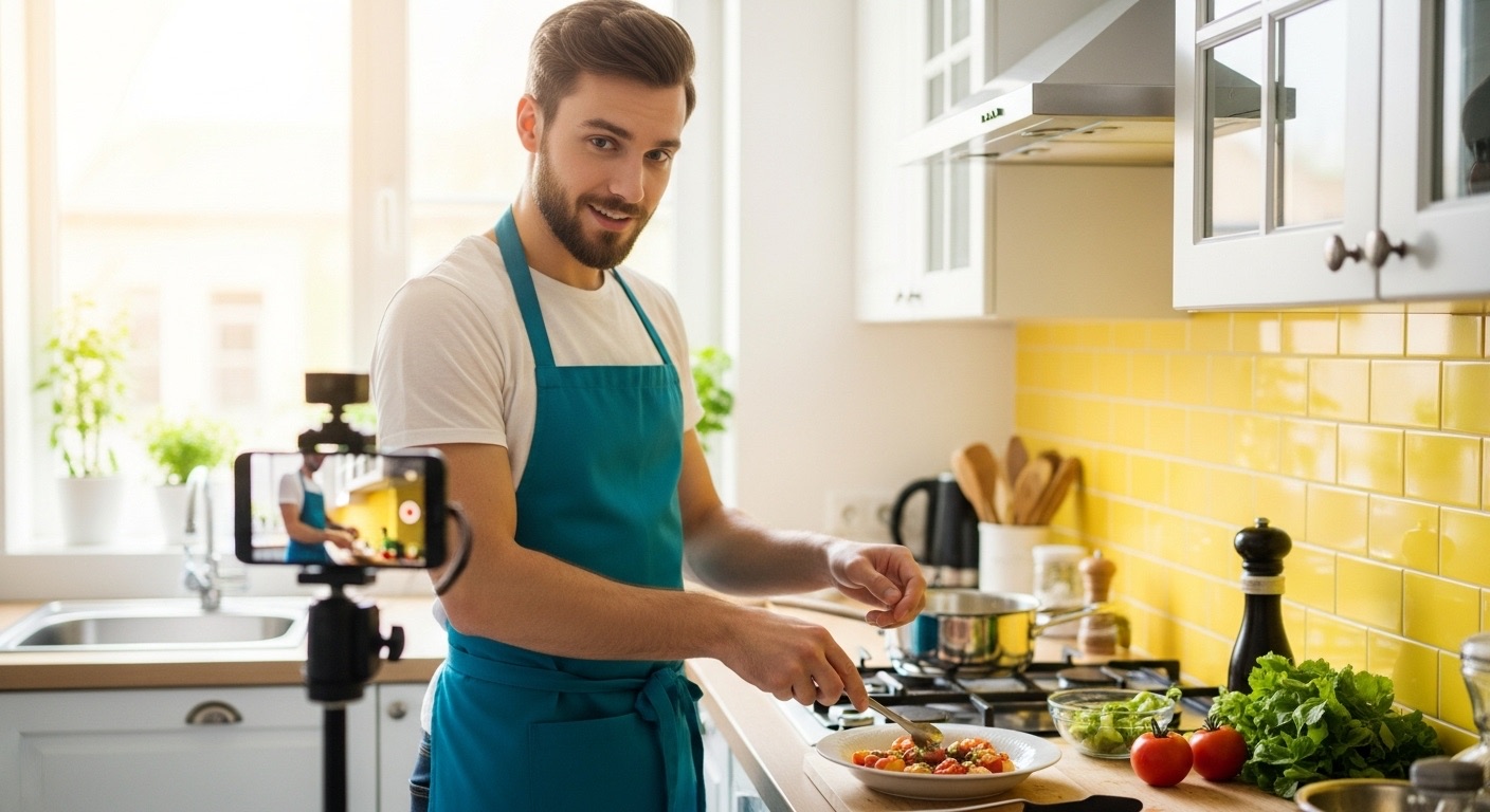 Instagram Como Ganhar Seguidores: Guia Completo para 2025 2 Criador de conteúdo gravando vídeo culinário com celular em cozinha, exemplo prático de estratégia para Instagram como ganhar seguidores ao compartilhar receitas e tutoriais autênticos