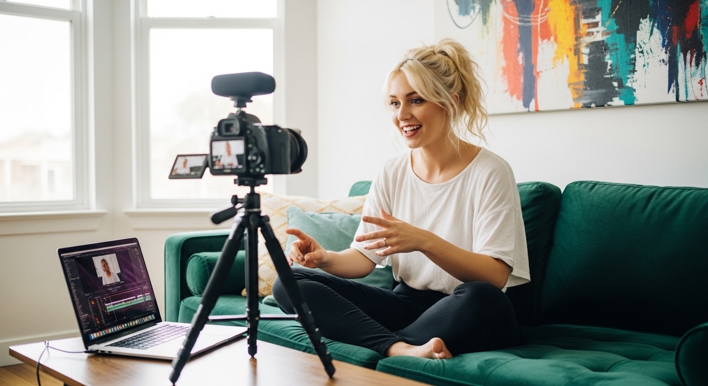 Como Conquistar Seguidor no Instagram Engajado e Relevante 3 Criadora de conteúdo gravando vídeo em casa com câmera e notebook no sofá, interagindo com seguidor no Instagram em um ambiente descontraído