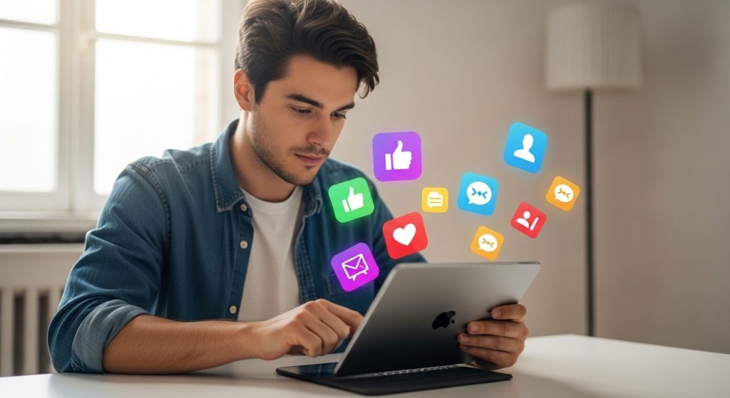 Homem usando ipad com ícones flutuantes de curtidas, seguidores e mensagens representação visual de estratégias eficazes sobre como ganhar milhares de seguidores nas redes sociais por meio de engajamento e conteúdo relevante.