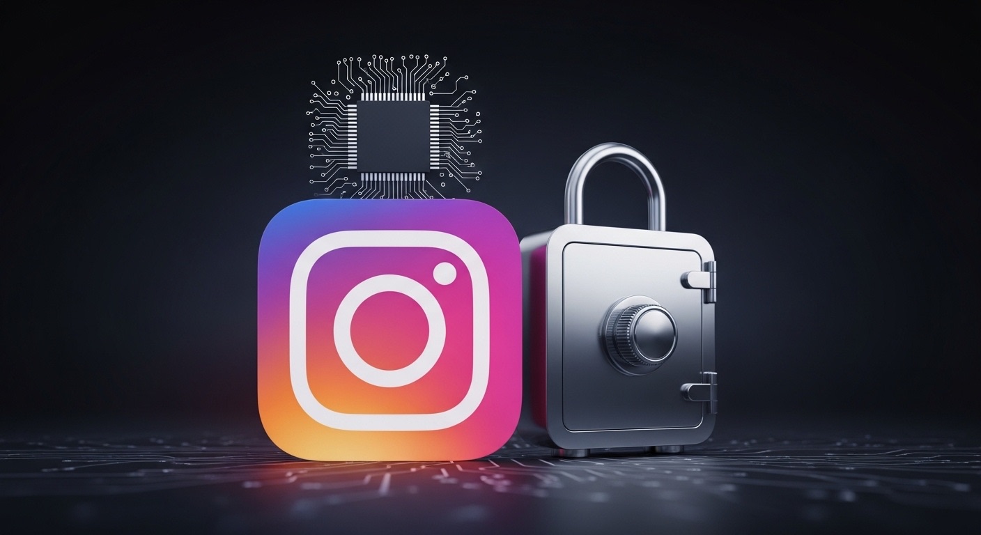 Segurança do Instagram: O Papel Fundamental da Plataforma na Proteção de Dados Pessoais e Privacidade em 2025 3 Ícone do Instagram com cadeado de cofre ao lado e acima de uma placa de computador, simbolizando a segurança do Instagram