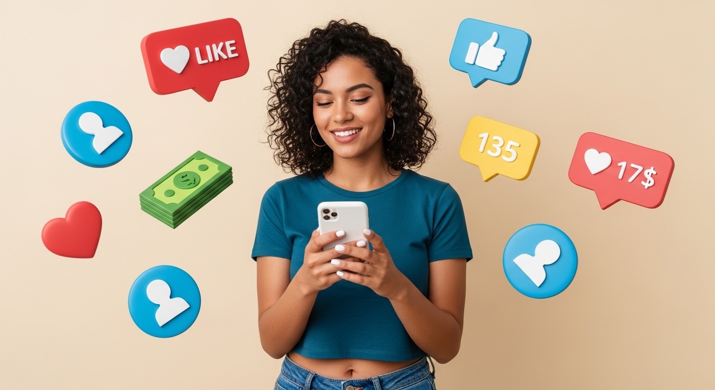 Com Quantos Seguidores Começa a Ganhar Dinheiro no Instagram? Descubra os Segredos do Sucesso no Instagram 2 Influenciadora digital sorridente gravando conteúdo com iphone, cercada por ícones de curtidas, comentários, seguidores e dinheiro, ganhar dinheiro no instagram