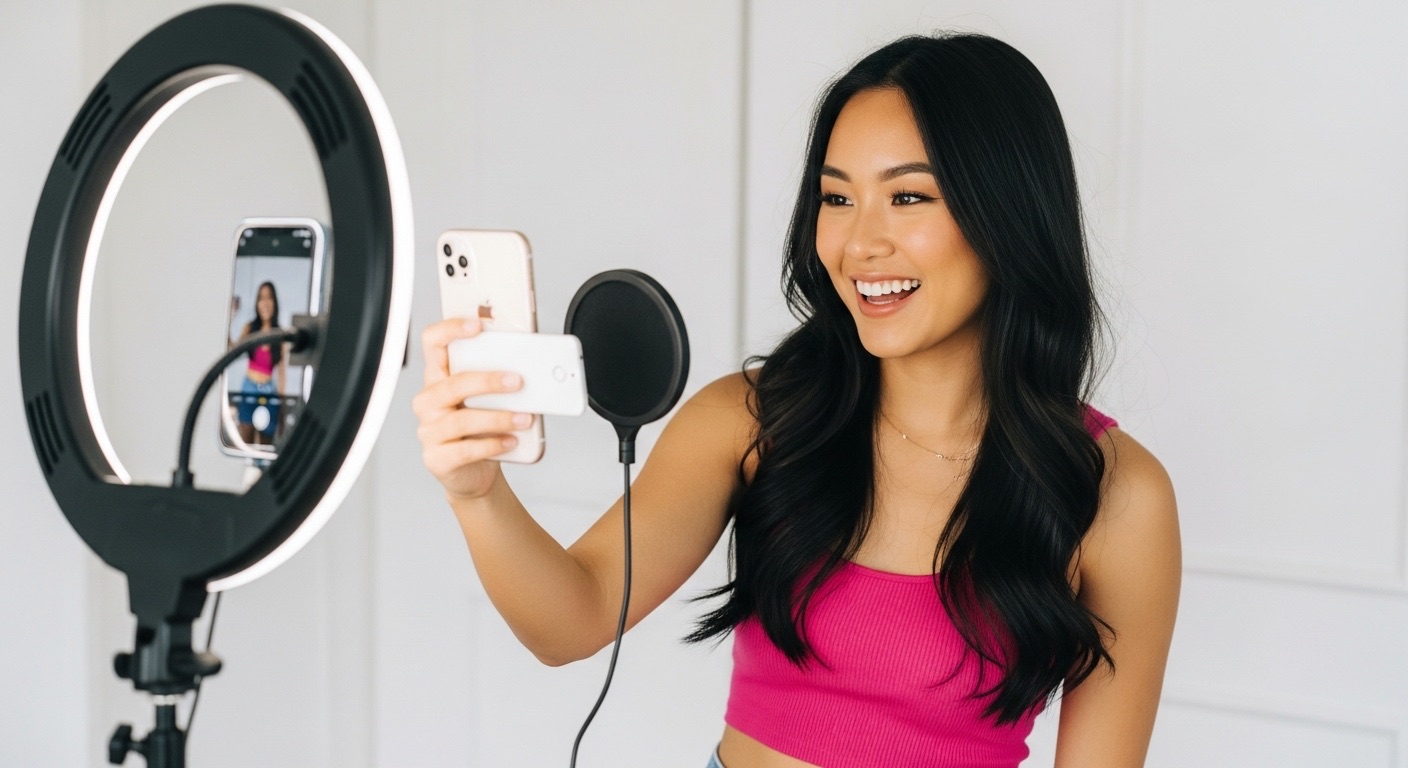 Aprenda a VIRALIZAR no INSTAGRAM (De uma vez por todas) 2 Influenciadora sorridente grava conteúdo com smartphone e ring light, utilizando elementos visuais criativos, representando estratégias modernas para viralizar no Instagram