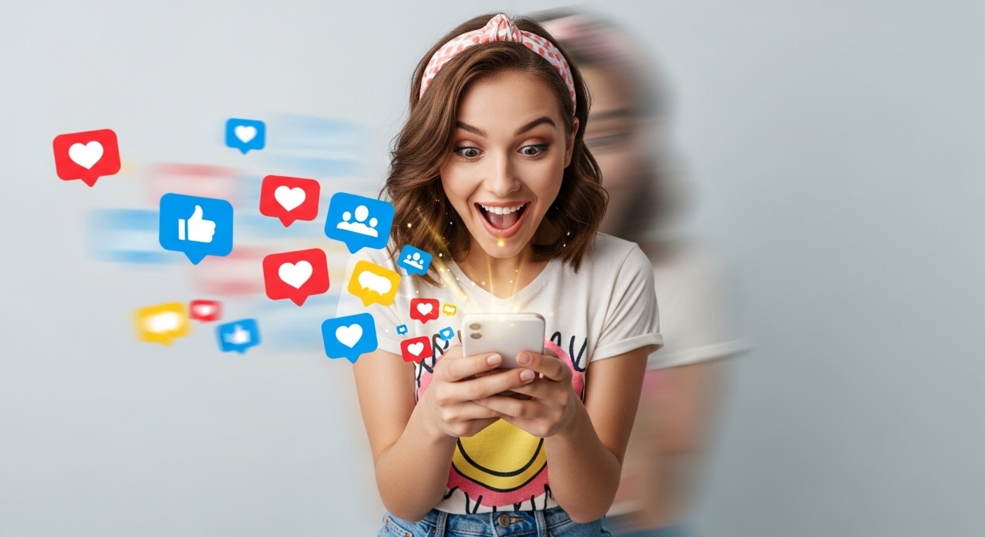 Com Quantos Seguidores Começa a Ganhar Dinheiro no Instagram? Descubra os Segredos do Sucesso no Instagram 1 Jovem empolgada segurando um iphone com ícones de curtidas, comentários e novos seguidores flutuando ao redor, ganhar dinheiro no instagram