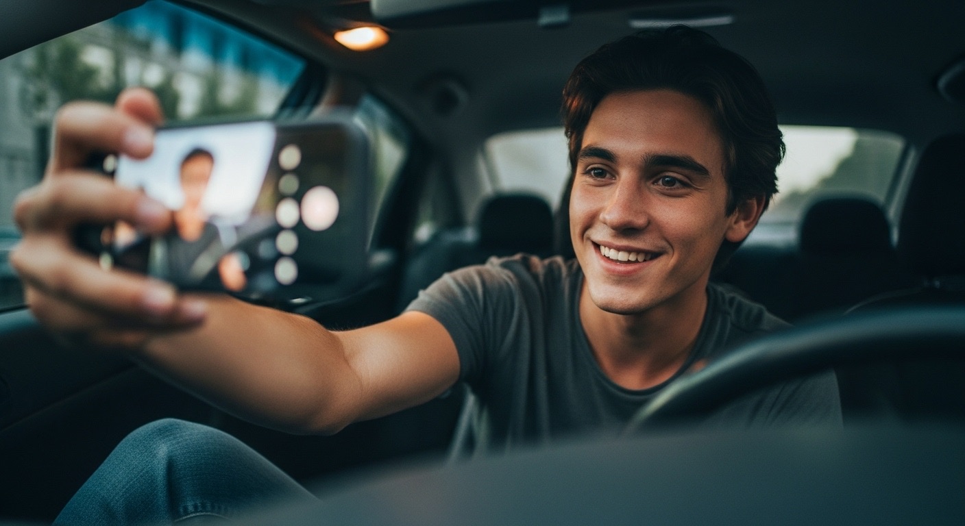 Instagram Como Ganhar Seguidores: Guia Completo para 2025 3 Jovem gravando stories dentro do carro com celular, sorrindo para a câmera, representa estratégias autênticas no Instagram como ganhar seguidores ao mostrar rotina e bastidores do dia a dia