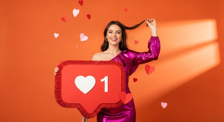 Mulher sorridente segurando símbolo de curtida do Instagram com fundo colorido, representando estratégias para ganhar seguidores no Instagram de forma criativa e engajadora.