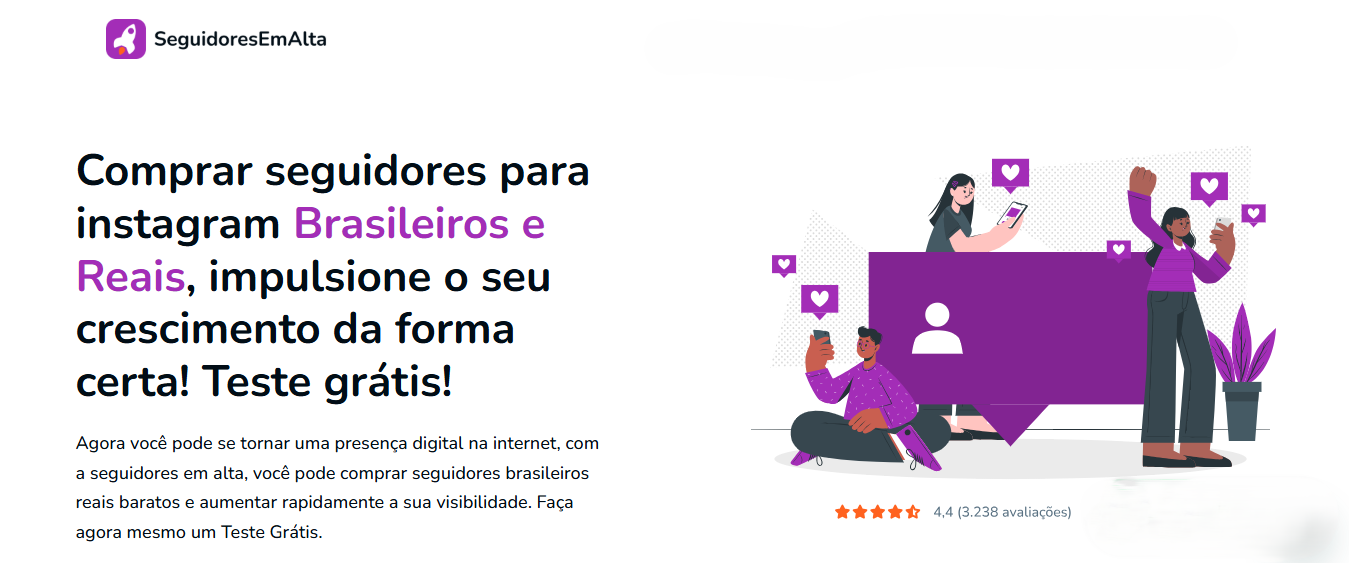 Instagram Marketing: 40 Estratégias que Realmente Estão Funcionando em 2024 2 A imagem de um site que oferece a compra de 'seguidores Brasileiros e Reais' para o Instagram, com um design moderno e avaliações. Isso indica uma ferramenta ou serviço para quem busca otimizar o Instagram Marketing e acelerar o crescimento