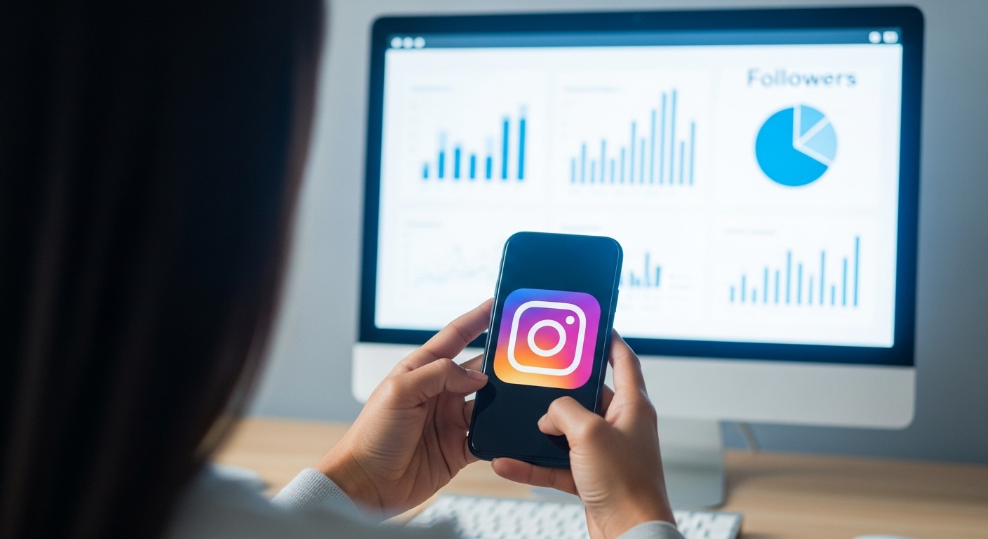 Tendências de Marketing Digital e o Impacto no Engajamento de Reels 2 Pessoa analisando métricas de desempenho no computador enquanto segura um celular com o aplicativo do Instagram aberto, representando estratégias de marketing digital voltadas para redes sociais.