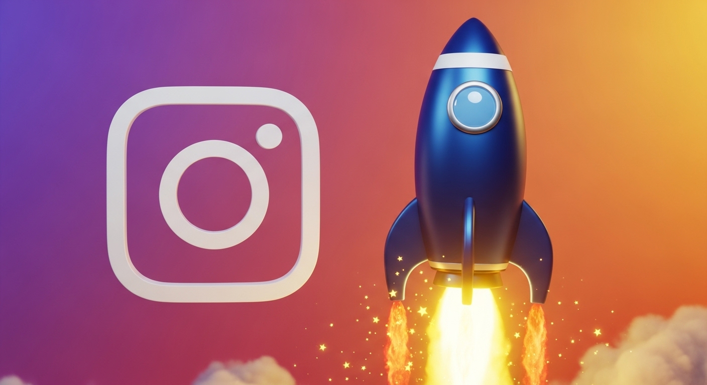 Um ícone do Instagram branco ao lado de um foguete azul escuro decolando, emitindo chamas e estrelas em um fundo degradê de roxo para laranja. A imagem simboliza o rápido avanço e a aceleração que se busca para crescer no Instagram em 2025, impulsionando a visibilidade e o alcance da marca ou perfil