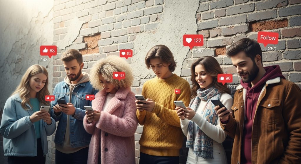 Pessoas reunidas, apoiadas em um muro utilizando seus iphones para aprender a Como crescer no Instagram em 2025
